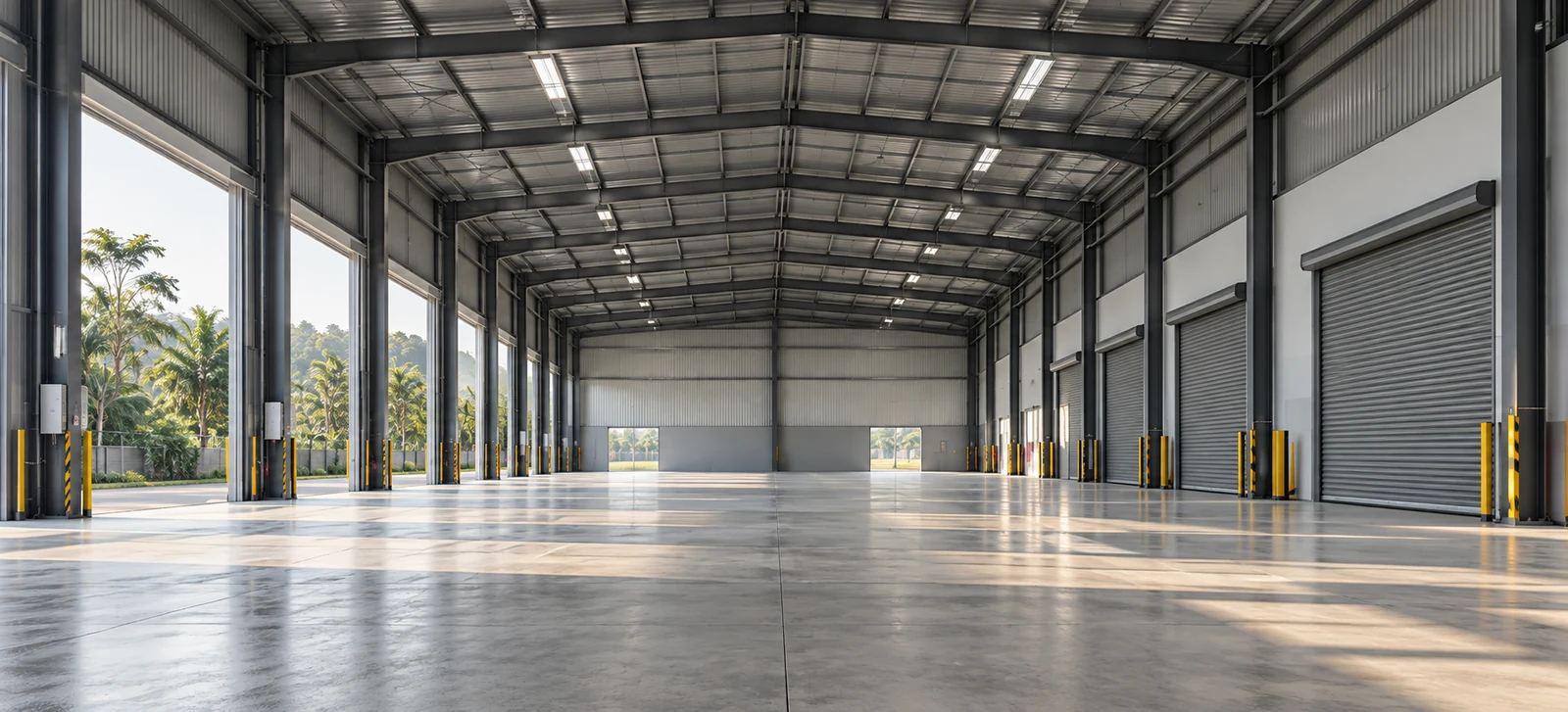 Illustrative steel-frame industrial interior showing space, daylight and access