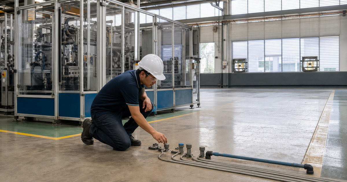 工程师在厂房扩建区域旁检查封盖公用设施接口