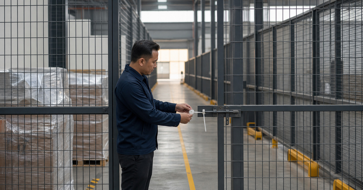 Administrator checking a blank seal at a fenced manufacturing-warehouse boundary