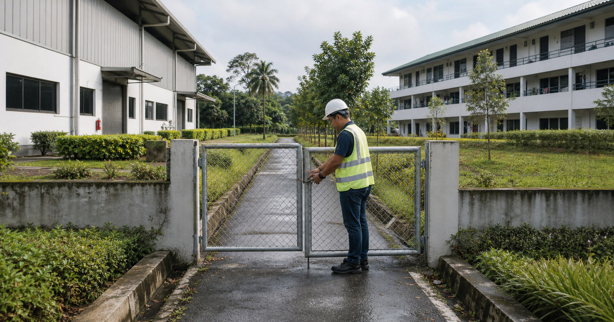 Inspector checking a gate between a factory and separate worker accommodation